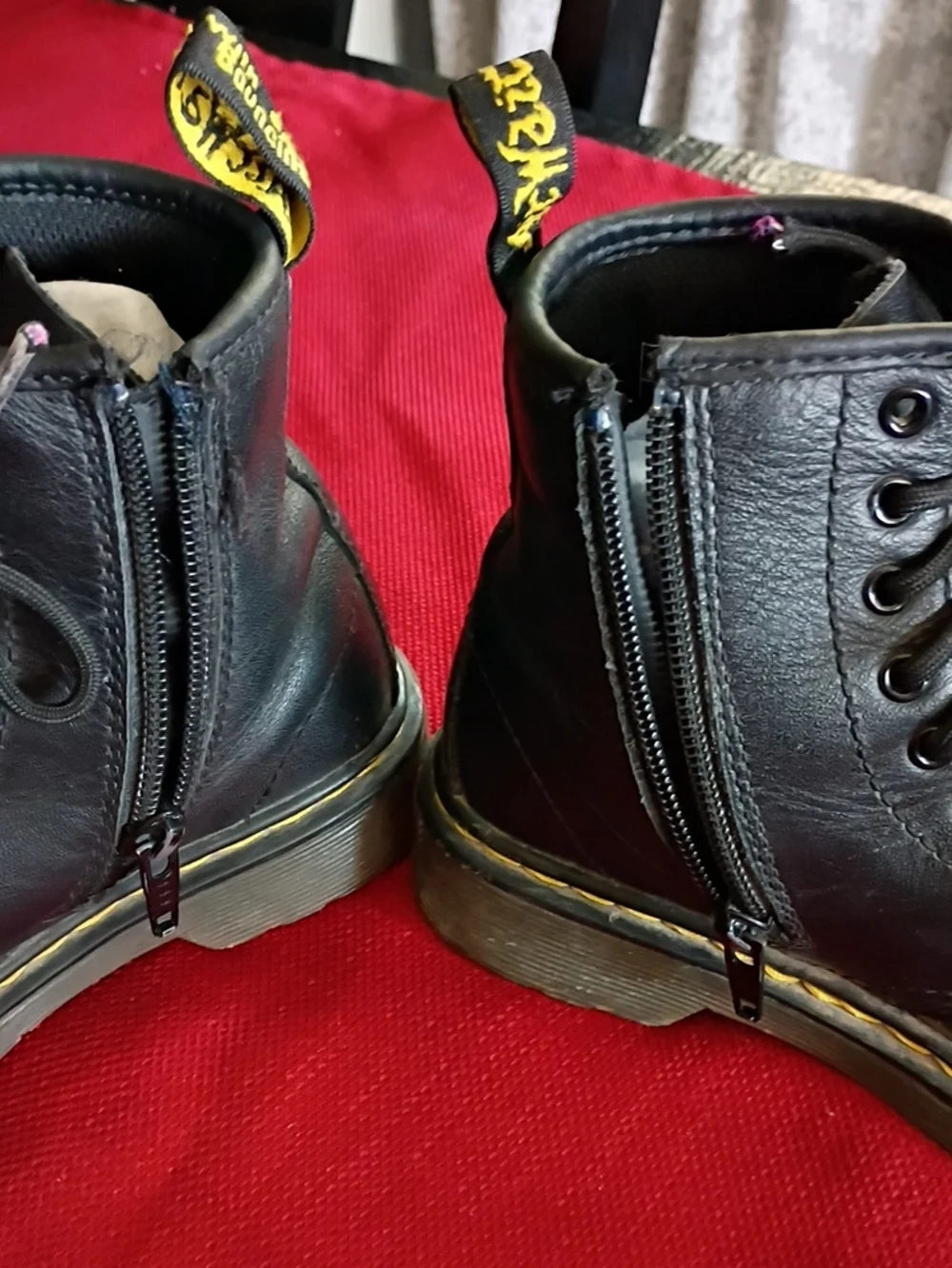 Dr. Martens Black Leather Lace-Up Ankle Boots with Yellow Stitching For Kids
